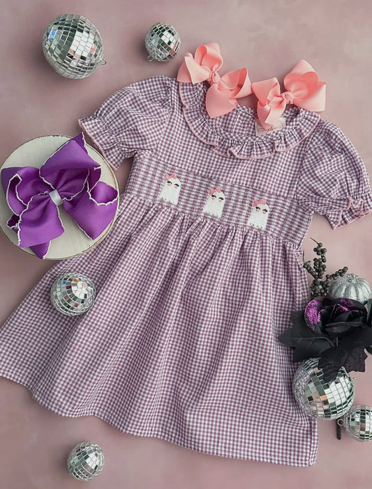Embroidered Ghosts Purple Gingham Dress