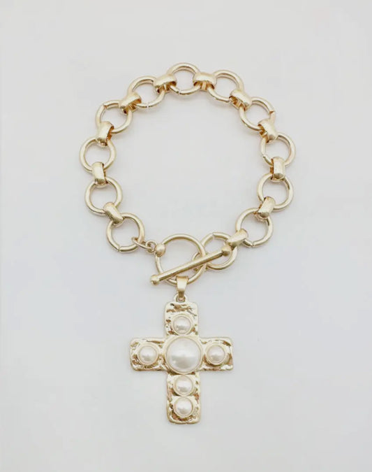 Gold Stretch Chain with Hammered Cross with Pearl Accent Charm