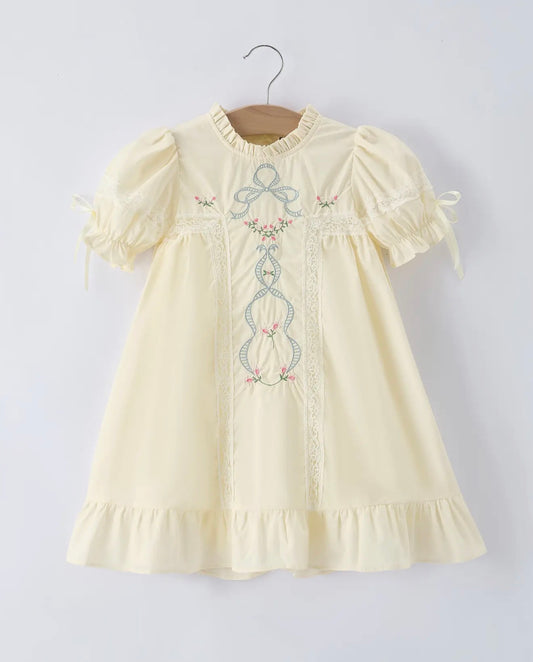 Embroidered Lace Girls' Short-Sleeved Dress-Beige/Pink