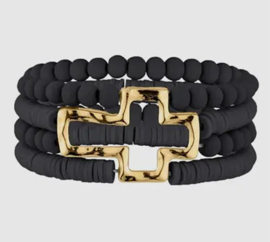 Black Wood and Rubber with Gold Cross
Stretch Bracelet