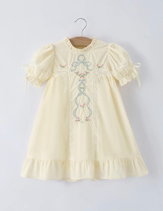 Embroidered Lace Girls' Short-Sleeved Dress-Beige/Pink