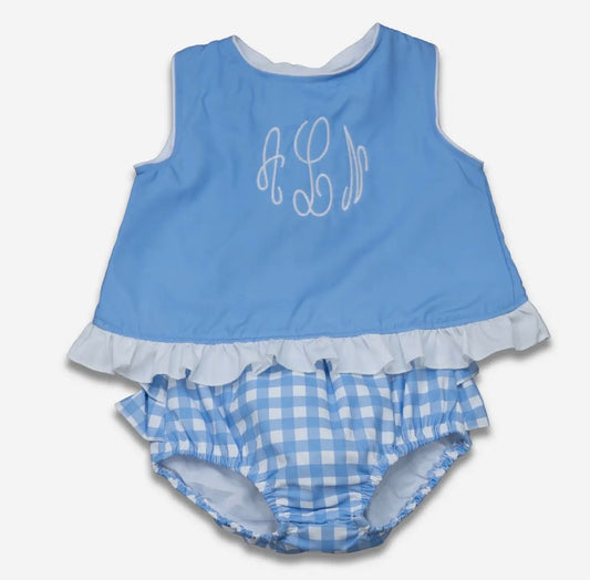 Girls Ruffle Trimmed Swing Back Bloomer Set - Blue Gingham
