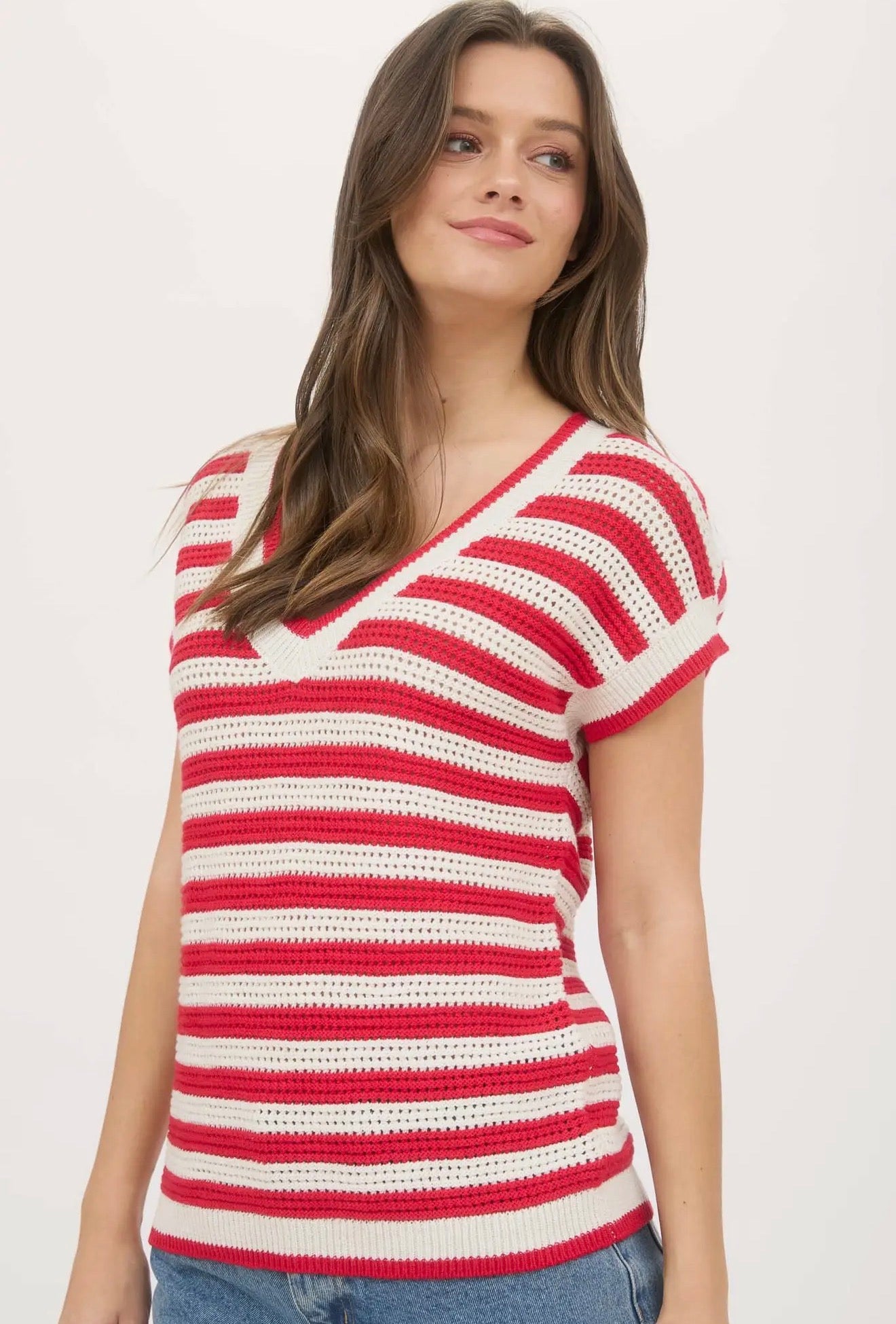 Stripe V Neck Crochet Knit Short Sleeve Sweater