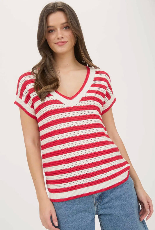 Stripe V Neck Crochet Knit Short Sleeve Sweater