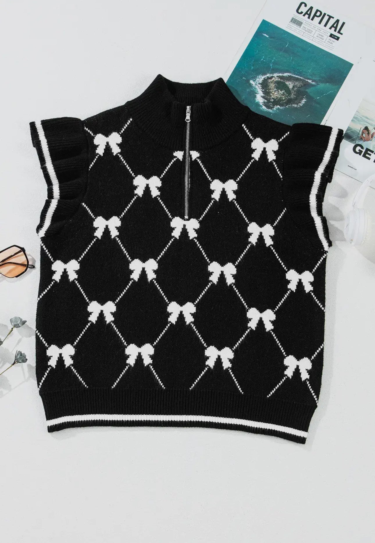 Bow Colorblock Quarter-Zip Collared Sweater