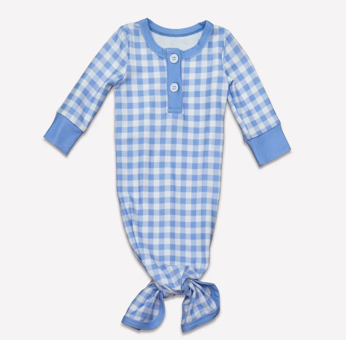 Boys Baby Knotted Gown - Blue Gingham