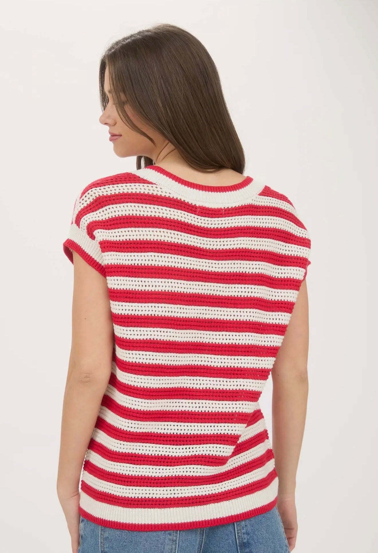 Stripe V Neck Crochet Knit Short Sleeve Sweater
