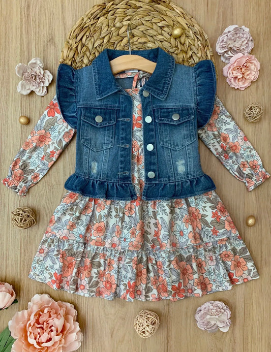 Long Sleeve Floral Dress w/ Ruffle Denim Vest & Set