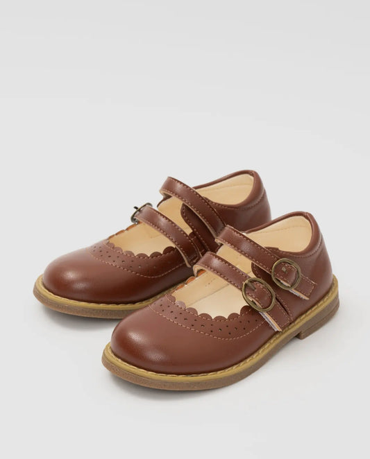 Double Buckle Mary Jane Hard Sole Shoes- Chestnut Brown