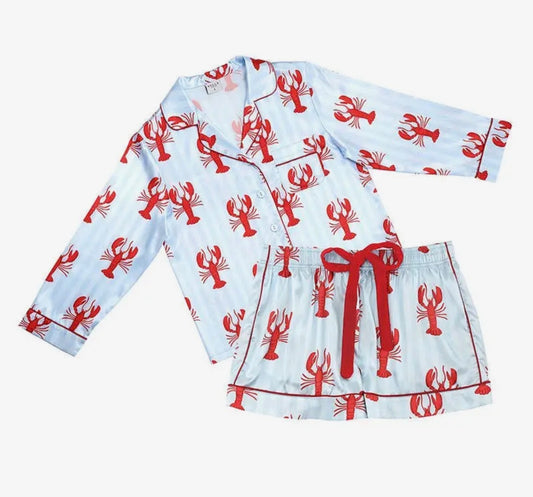 Pj Set with Velvet Tie - Blue Stripes + Crawfish