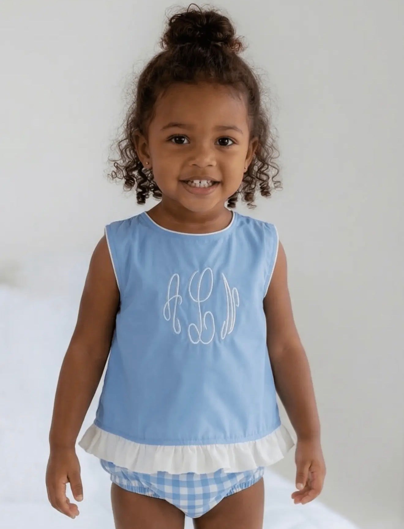 Girls Ruffle Trimmed Swing Back Bloomer Set - Blue Gingham