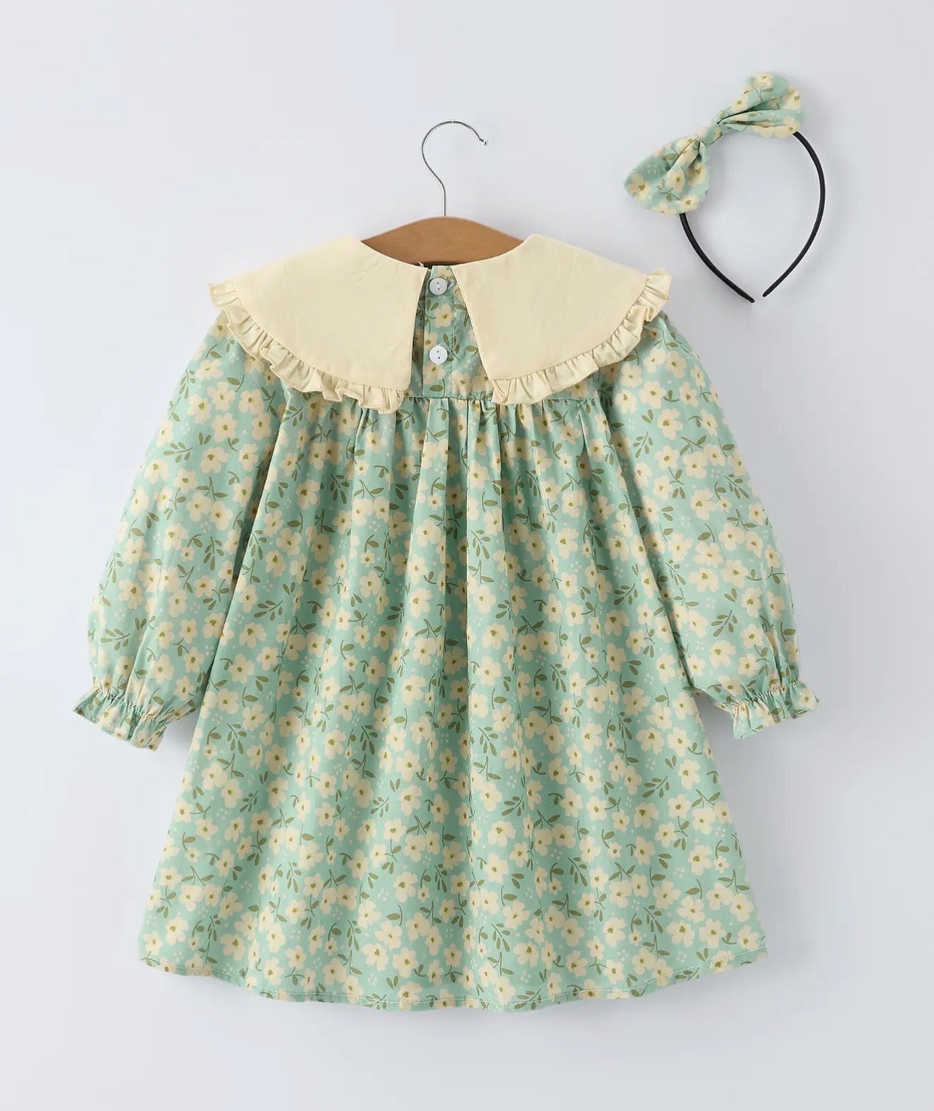 Spring Floral Print Long-Sleeved Romper and Dress Matching Headband
