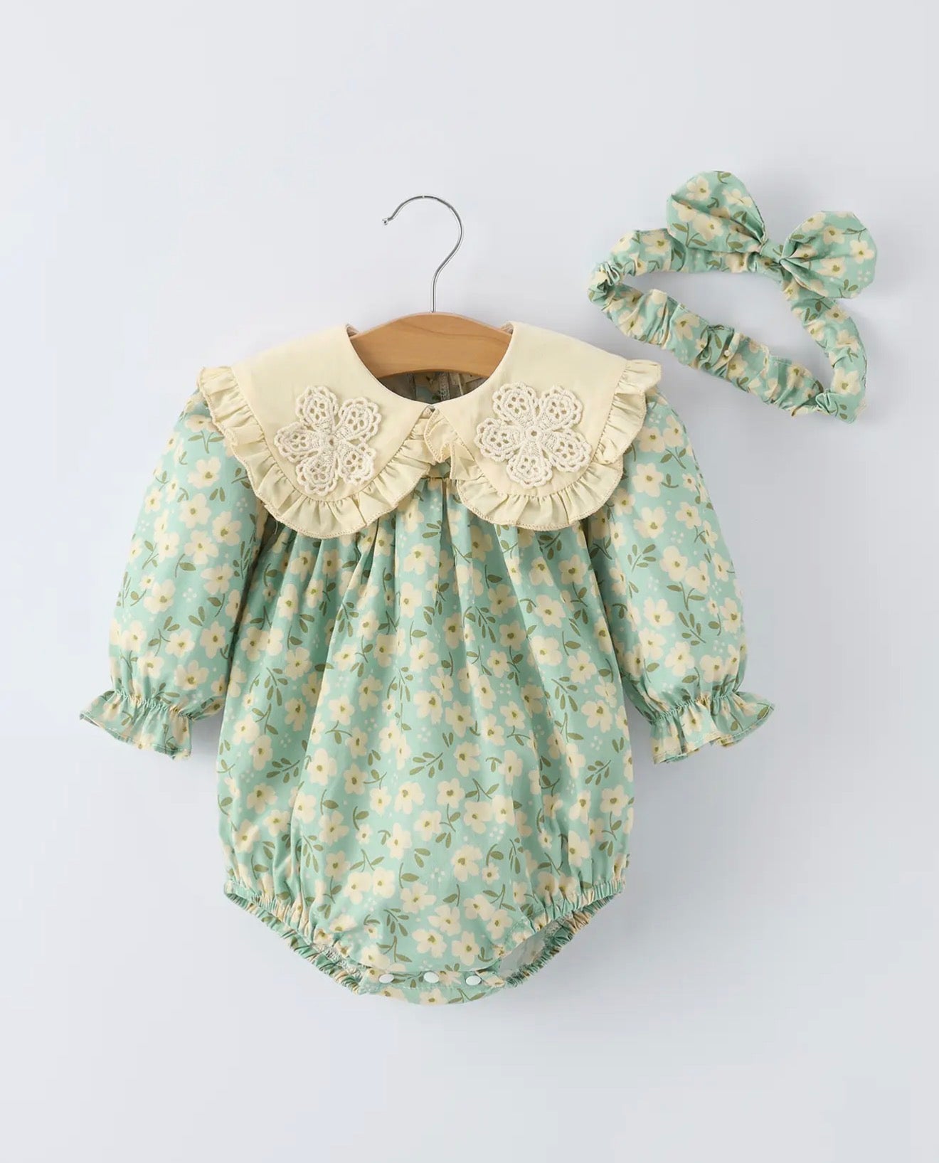 Spring Floral Print Long-Sleeved Romper and Dress Matching Headband