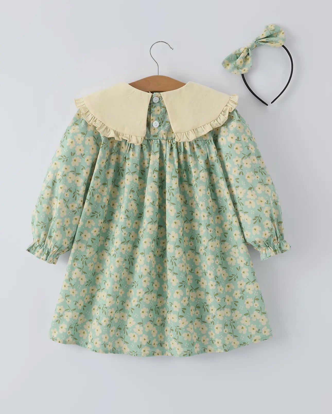 Spring Floral Print Long-Sleeved Romper and Dress Matching Headband