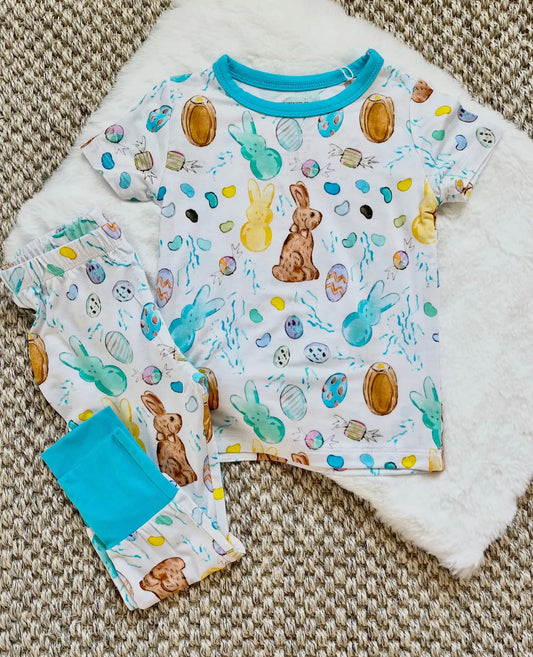 “Easter” Candy Pajama Pants Set- White/Blue