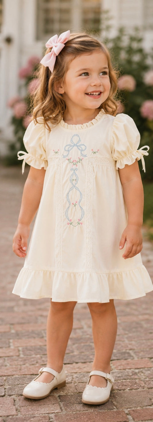 Embroidered Lace Girls' Short-Sleeved Dress-Beige/Pink
