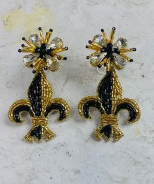 “Fleur De Lis” Beaded Earrings- Black/Gold