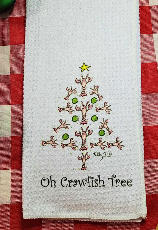 Christmas Tea Towel. Oh Crawfish Tree