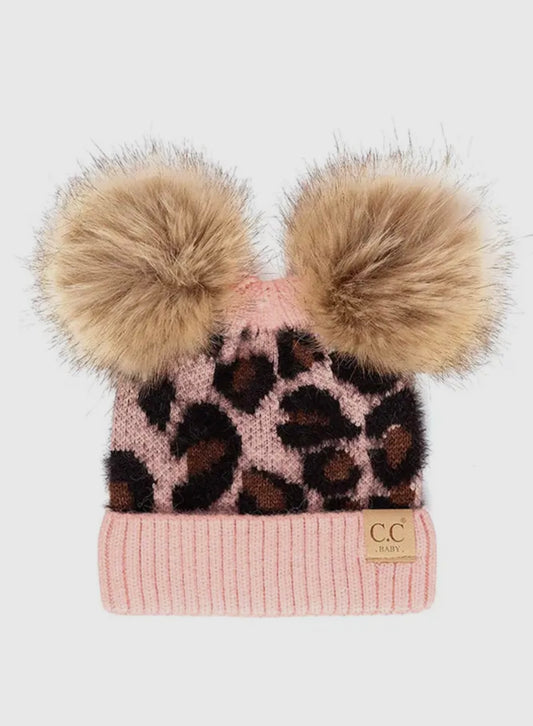 C.C Baby Leopard Double Pom Pom Beanie Hat- Baby Pink