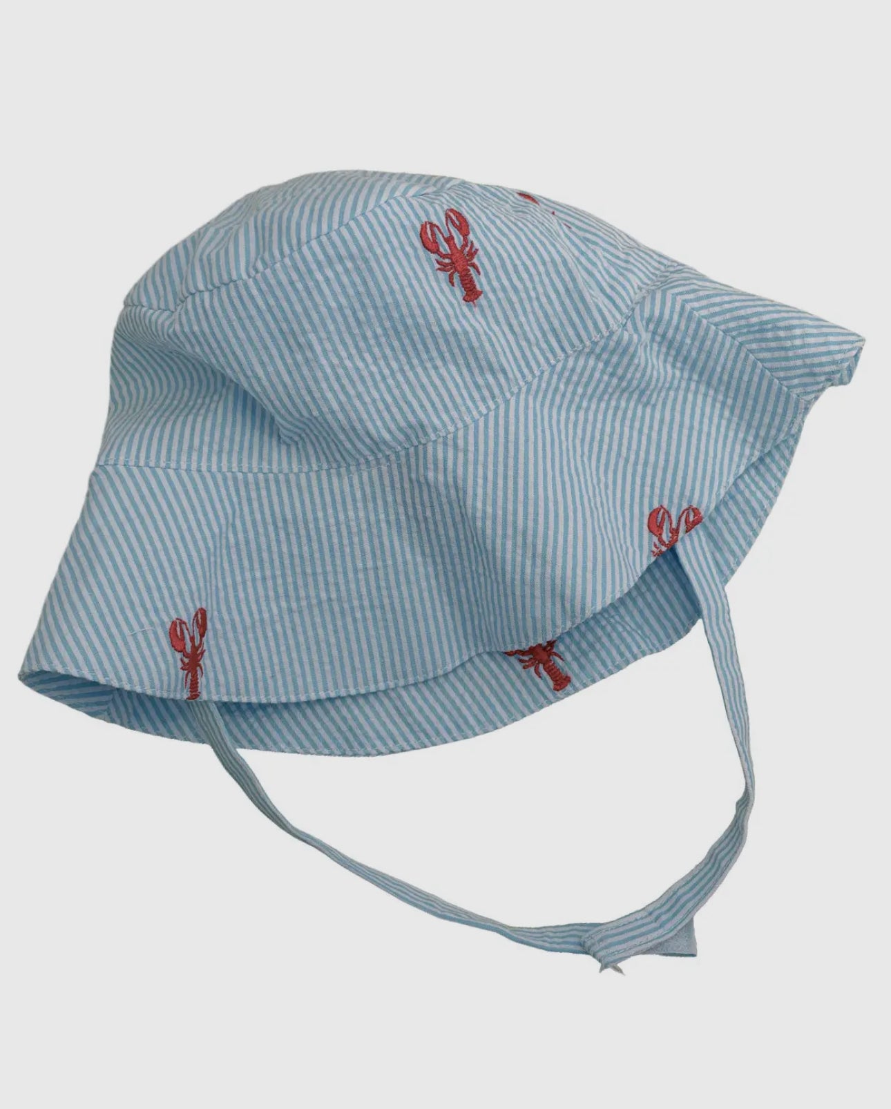 Turquoise Seersucker with Red Embroidered Crawfish Bucket Hat