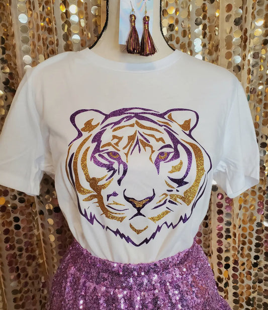 Gold Purple Glitter Tiger Face Women's Tee