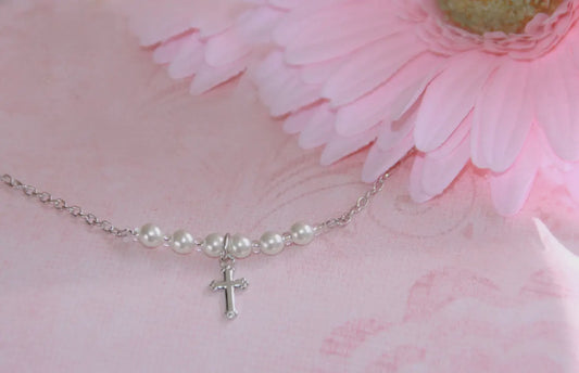 Cross Pearl Rhodium Necklace