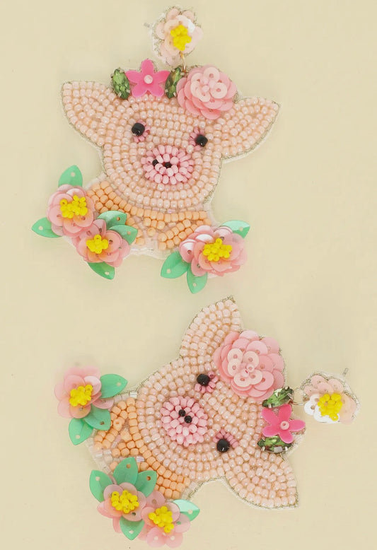 Farm Animal “Pig” Beaded Embroidery Sequin- Earrings