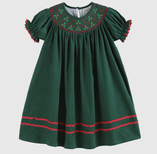 Green Christmas Mistletoe Smocked
Bishop Dress