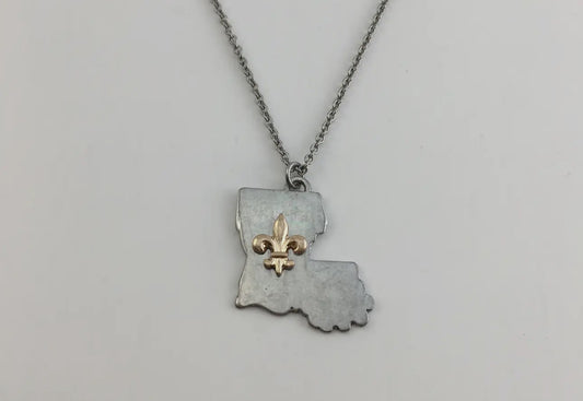 Louisiana State Necklace W/Fleur De Lis