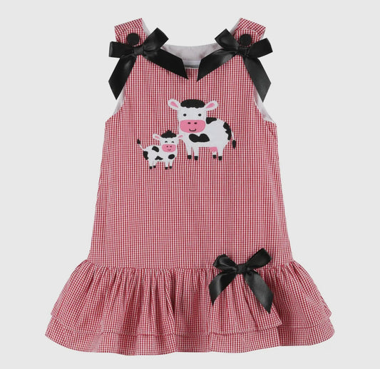 Red Gingham “Mama and Baby Cow” Ruffle Bow Dress