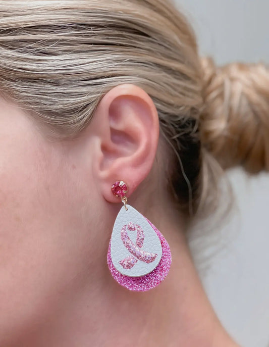 Glitter “Breast Cancer Ribbon” Guitar Pick Dangle- Earrings