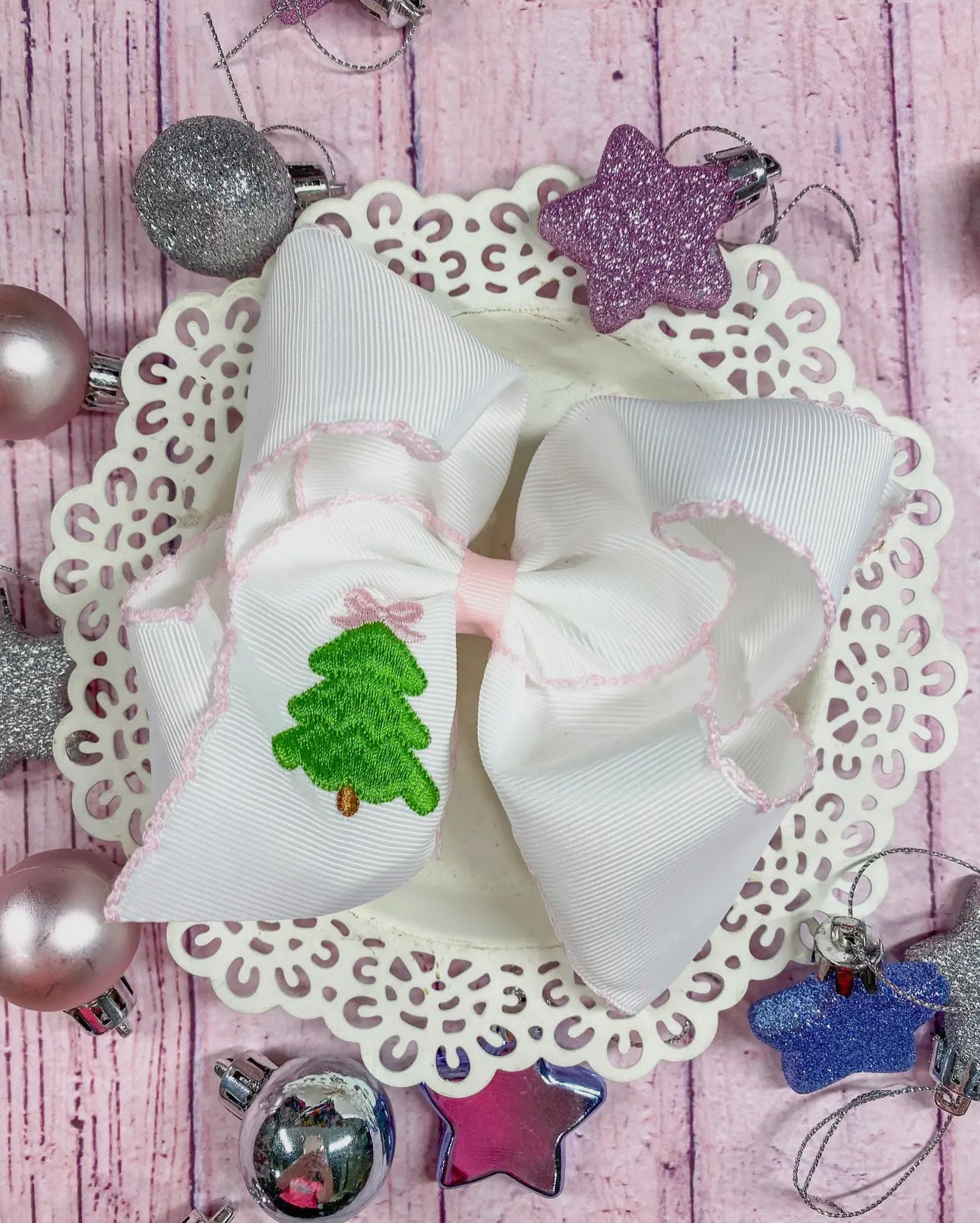 Pink Christmas Tree Embroidered Hair Bow