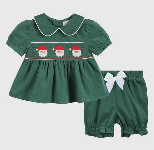 Green Velvet Santa Smocked Dress and Bloomers