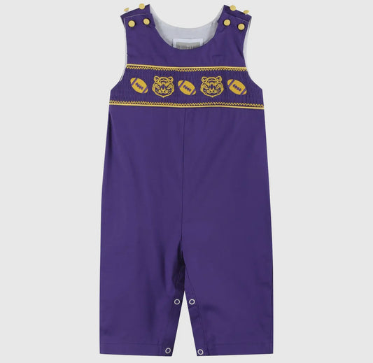“Football and Tiger” Smocked Overalls- Purple/Gold