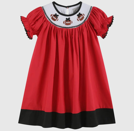 “Football” Smocked Bishop Dress- Red/Black UL