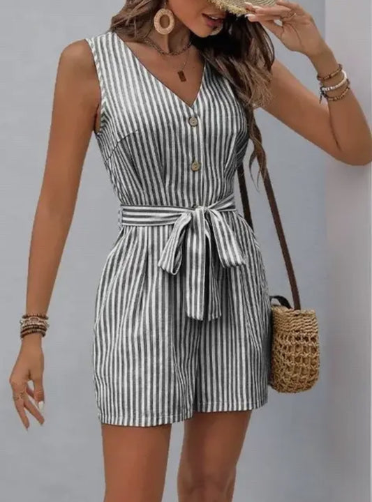 Sleeveless Striped Tie-Waist Romper