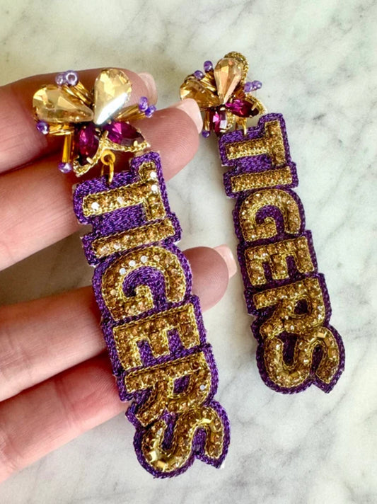 Purple and Gold Beaded Tigers Earrings