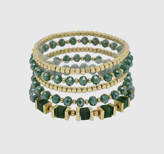 Emerald Green Crystal and Gold Set of 5
Stretch Bracelets