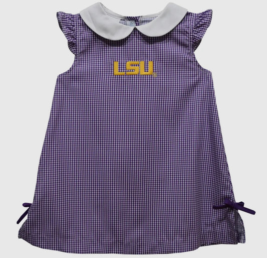 “LSU Tigers” Embroidered Purple Gingham- Dress