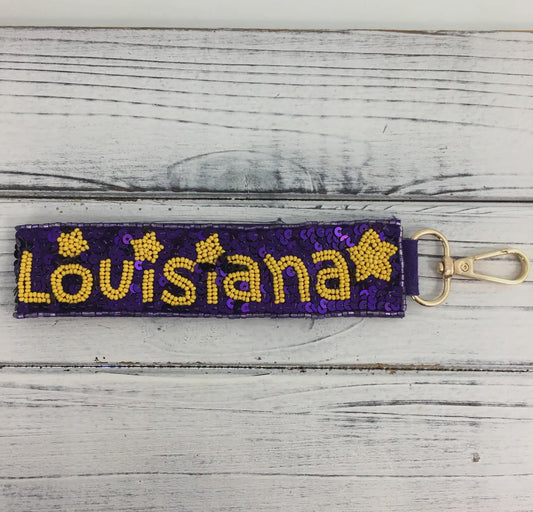 Bead/Sequin “Louisiana” Keychain- Purple/Gold
