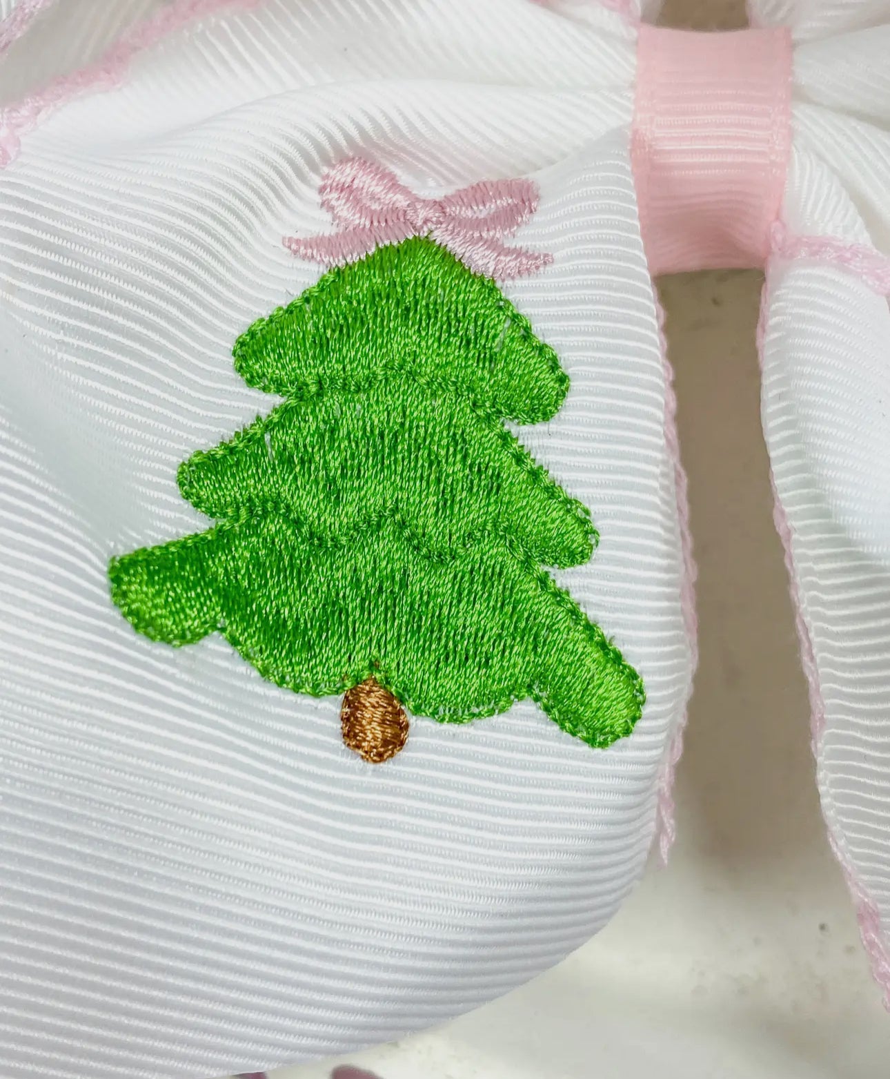 Pink Christmas Tree Embroidered Hair Bow