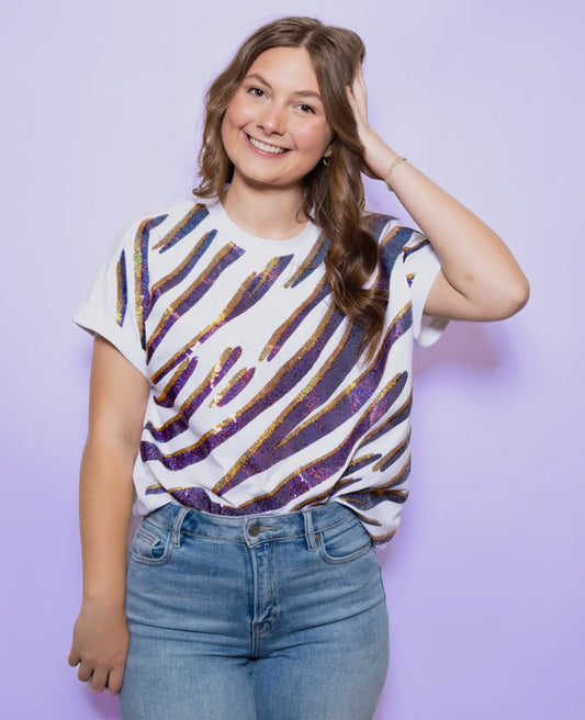 Purple & Gold Tiger Stripe | Women's Sequin Design Tee