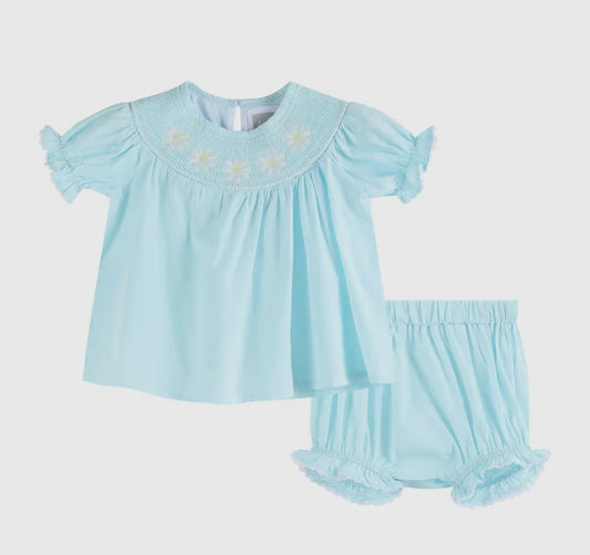Daisy Smocked Dress and Bloomer Set- Light Blue