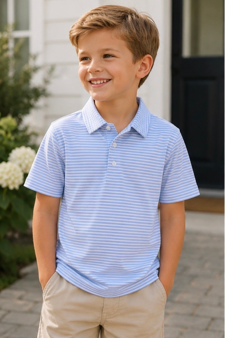 Kids Light Blue, Grey & White Stripe Polo