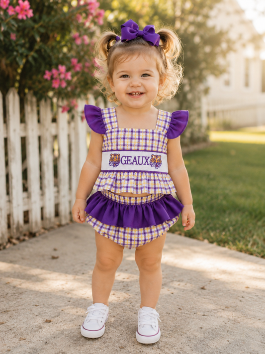 Purple Lsu Geaux Smocked 2pc Swimsuit