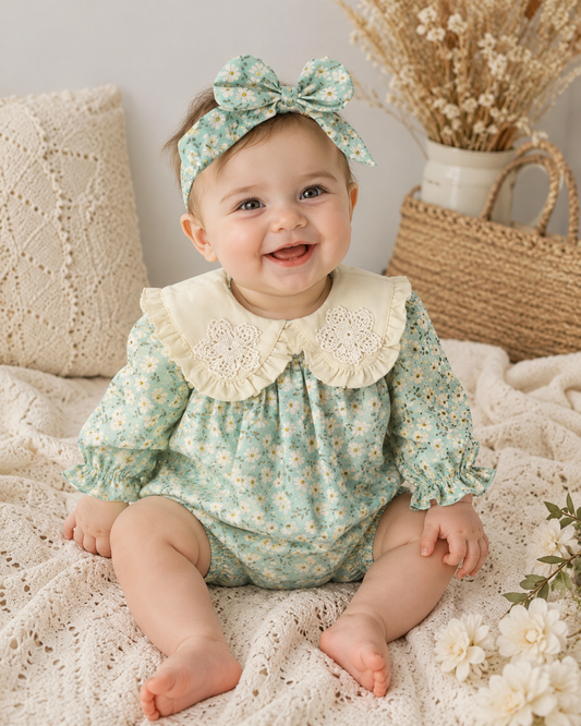 Spring Floral Print Long-Sleeved Romper and Matching Headband
