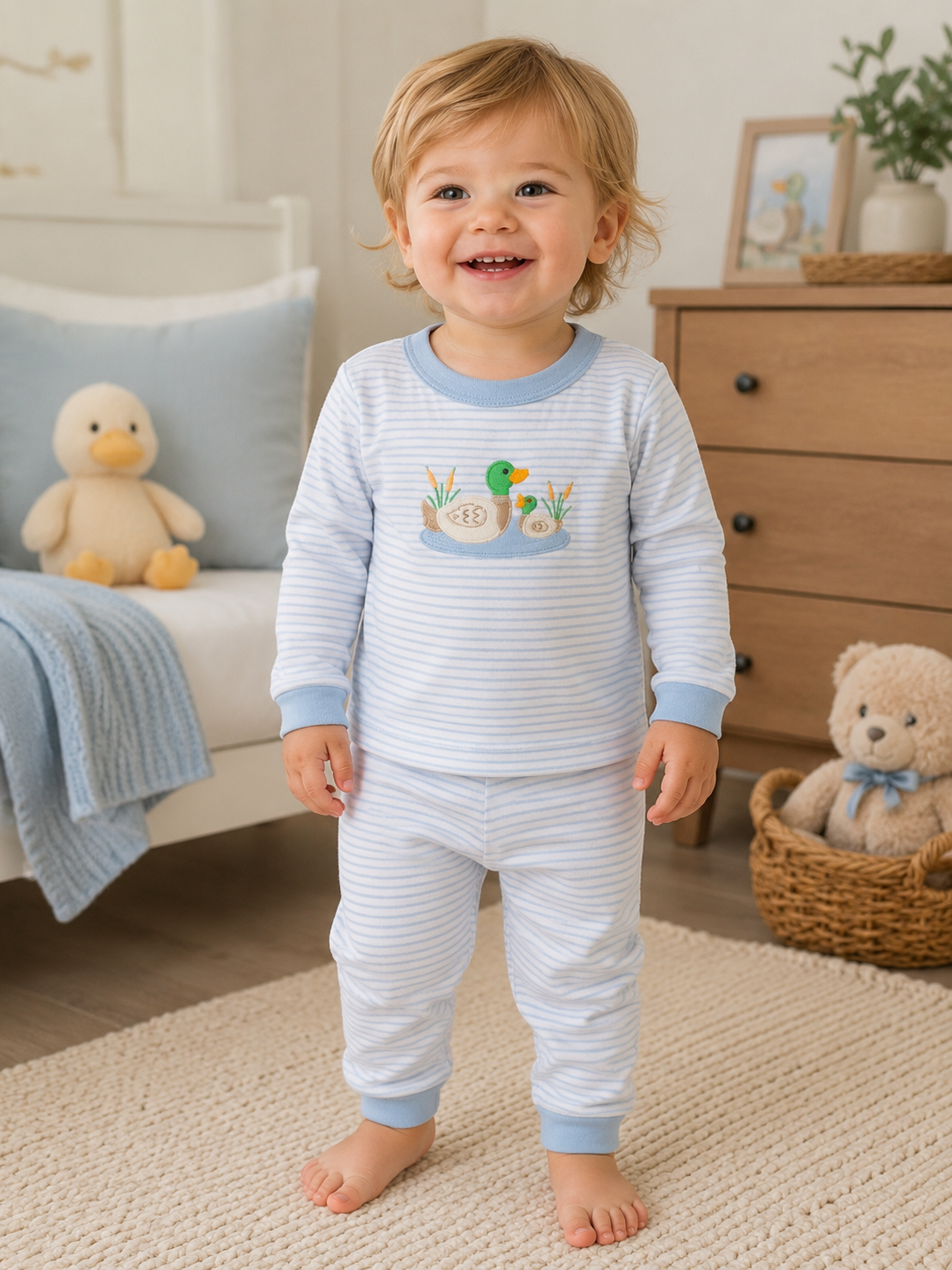 Mallard Duck Pond Applique Long Pajamas - Blue
