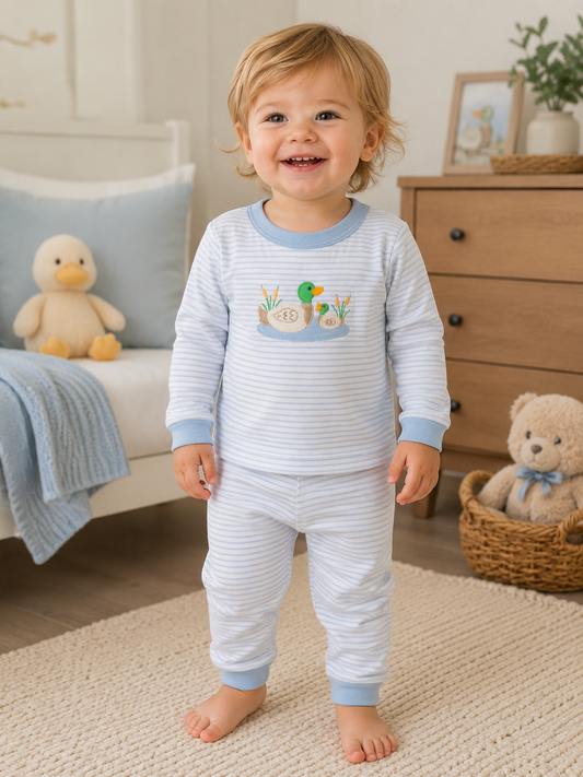 Mallard Duck Pond Applique Long Pajamas - Blue