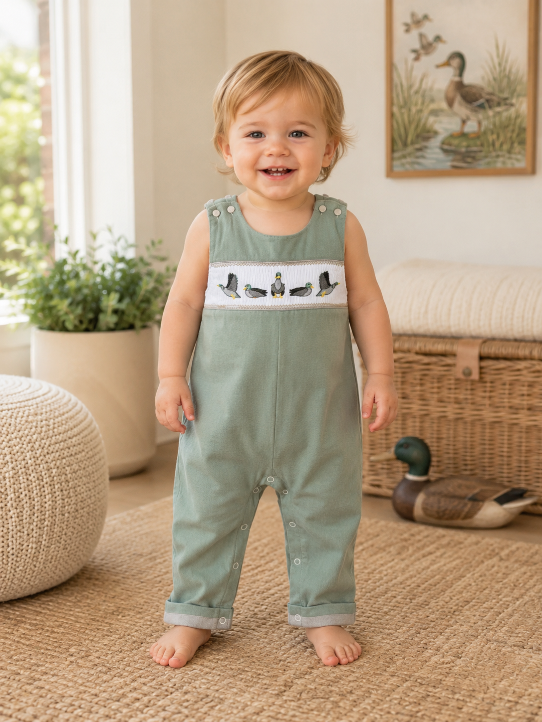 Sage Green Mallard Smocked Overall