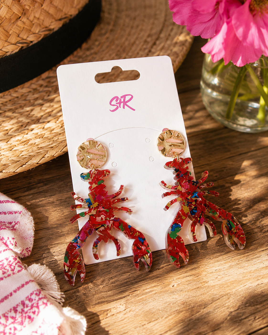 Pink Confetti "Crawfish" Dangle Earrings